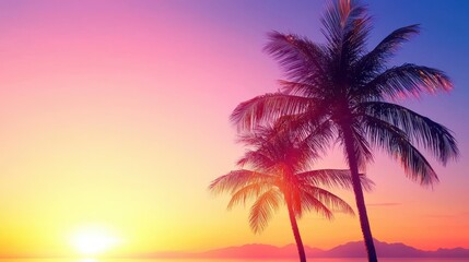 Obraz premium Tropical Sunset Palm Trees Silhouette Beach Ocean