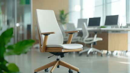 A futuristic bamboo office chair with an ergonomic design and clean lines offers eco-conscious workspace furniture