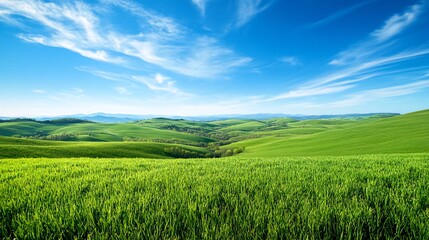 Fototapeta premium A picturesque landscape with rolling green hills under a bright blue sky with fluffy white clouds.