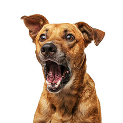 Obraz premium Brown dog is looking surprised with its mouth wide open against a white background