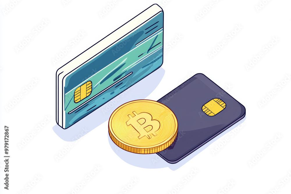 Aufkleber cryptocurrency and digital payment methods represented by a bitcoin coin and two debit cards on a cl