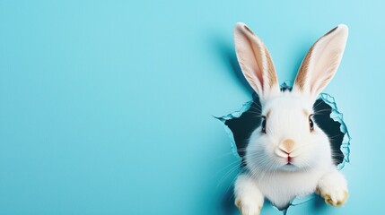 Obraz premium Cute Easter Bunny Peeking Through Blue Paper Hole
