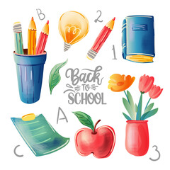 School supplies set. Back to school lettering. Childrens subjects. Vector illustration in a watercolor style on a white background