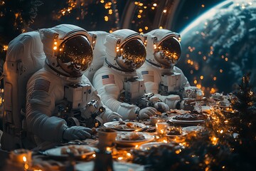 Three astronauts in space suits enjoy a festive dinner with Earth in the background.
