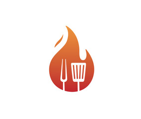 creative fire flame and cooking equipement spatula and fork logo vector symbol design icon illustration