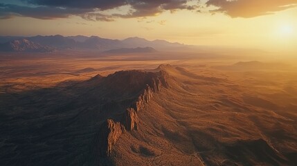 Aerial view of rugged mountains contrasting a vast desert landscape during sunset 