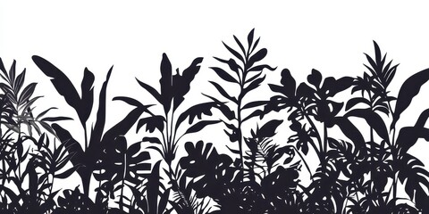 A silhouette of various plants against a white background, creating a decorative border.