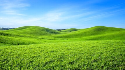 Obraz premium A panoramic view of rolling green hills under a bright blue sky with fluffy white clouds.