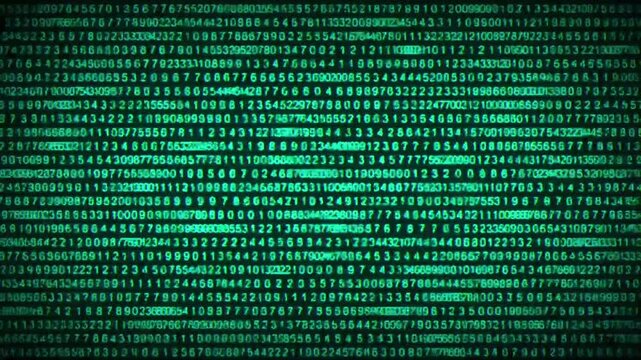 Binary code black and green background with digits moving on screen, Concept of digital age. Algorithm binary, hud interface, data code, decryption and encoding, row matrix background