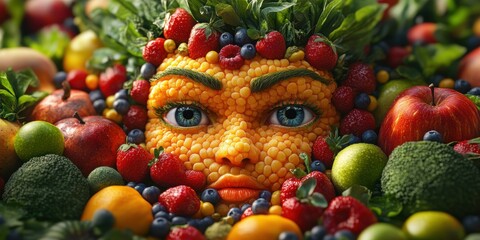 A charming cityscape where every street corner features playful fruits and vegetables with unique personalities