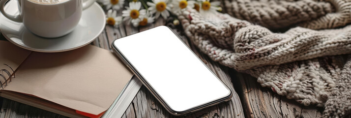 Cozy workspace with a smartphone, coffee cup, and soft knit blanket, perfect for relaxation and productivity.