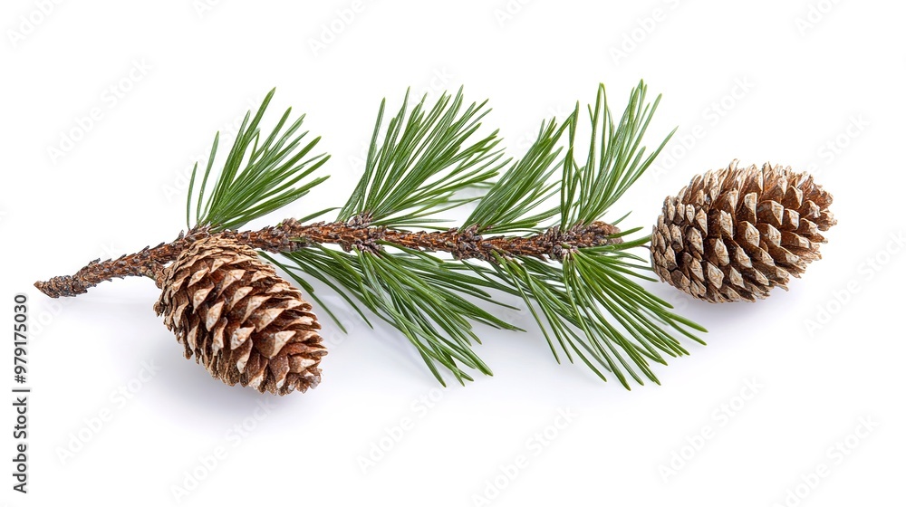 Poster pine branch. close-up isolated pine twig with cones on white background