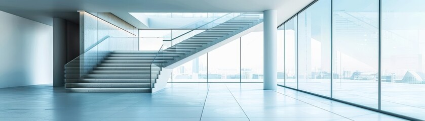 Obraz premium Modern interior space featuring a sleek staircase and large windows, creating a bright and open atmosphere.
