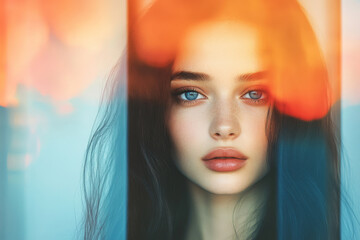Artistic portrait of a young woman with striking blue eyes, bathed in soft light. The orange hues create a warm, reflective mood.