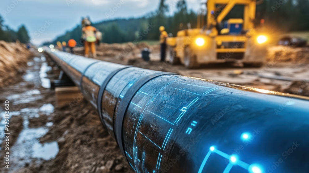 Poster a pipeline construction site where smart technology is being integrated into new pipelines, providin