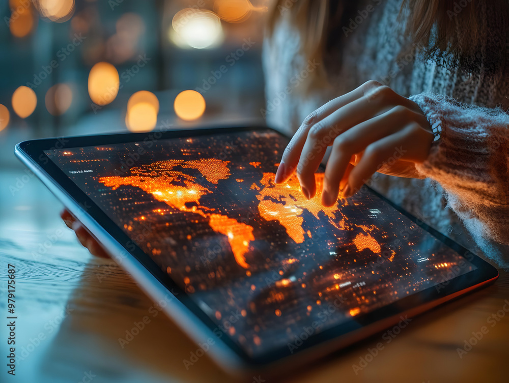 Poster global network visualization: woman browsing interactive world map on tablet