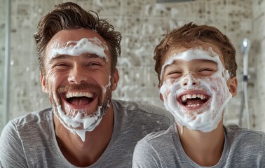 Joyful father and son laughing together while shaving in the bathroom, sharing a fun bonding moment with foam on their faces
