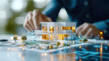 Real estate agent and clients analyzing different house models and architectural blueprints