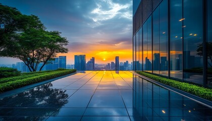 city view dawn sunset dark blue high tech office building trees and green vegetation