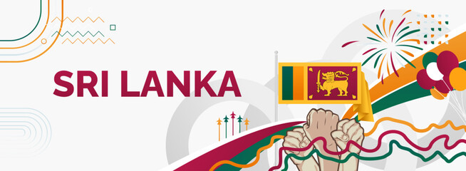 Sri Lanka Independence day banner. Latest horizontal poster with Sri Lanka flag, raised fist and typography. Great background for national day greeting cards, holidays, sport events and web header