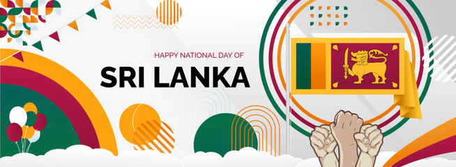 Obraz premium Sri Lanka Independence day banner. Latest horizontal poster with Sri Lanka flag, raised fist and typography. Great background for national day greeting cards, holidays, sport events and web header