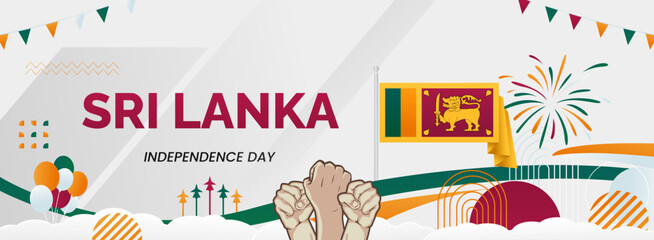 Sri Lanka Independence day banner. Latest horizontal poster with Sri Lanka flag, raised fist and typography. Great background for national day greeting cards, holidays, sport events and web header