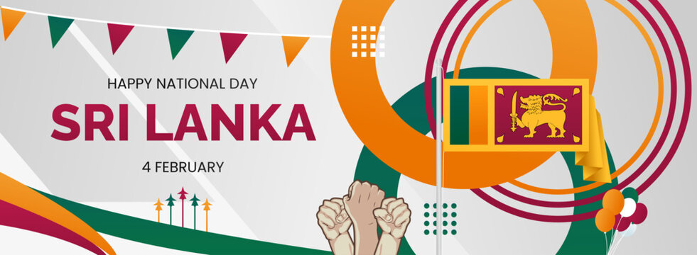Sri Lanka Independence day banner. Latest horizontal poster with Sri Lanka flag, raised fist and typography. Great background for national day greeting cards, holidays, sport events and web header