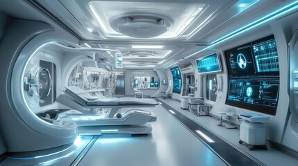 Obraz premium A sleek and sterile futuristic medical facility equipped with advanced healthcare technology,