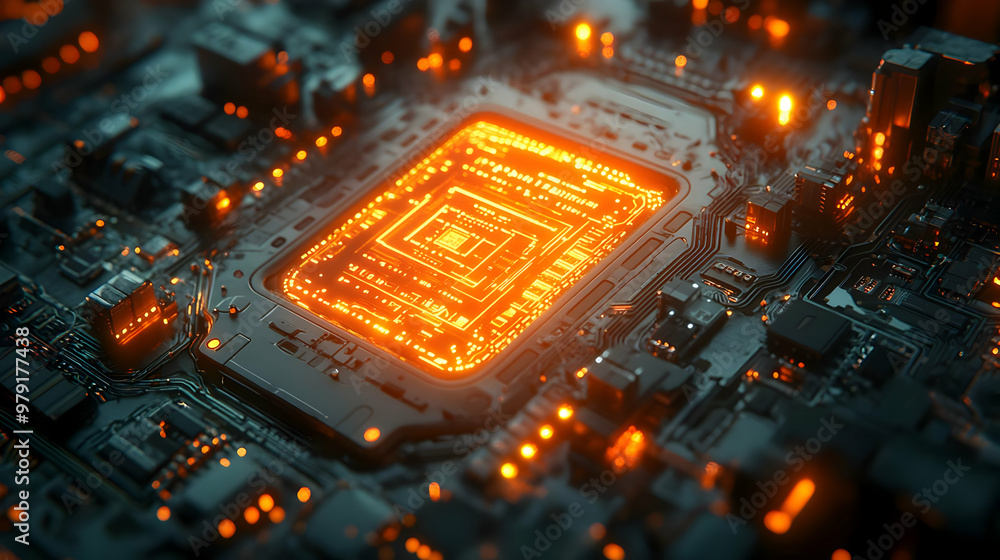 Poster 3d illustration glowing cpu microchip technology background - futuristic circuit board data processi