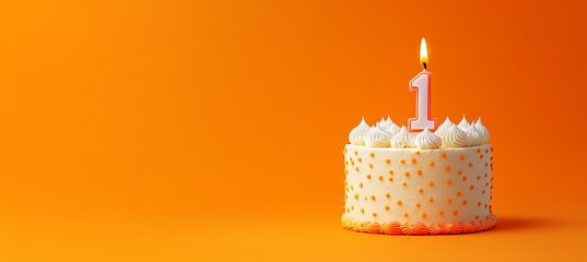 An orange first birthday cake with white icing and orange polka dots, one candle, clean orange gradient background suitable for a header with room for text, copy space.	