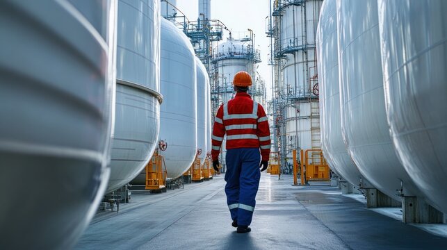 A technician inspecting cryogenic storage tanks filled with liquefied natural gas, ensuring the safety and efficiency of the storage process