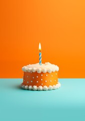 An orange first birthday cake with white icing, one candle, clean orange and blue background suitable for a vertical poster with room for text, copy space.
