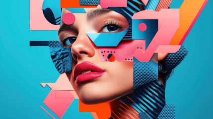 Abstract digital art of a female face with colorful geometric shapes and patterns against a blue background. The composition contrasts traditional portrait elements with modern design.