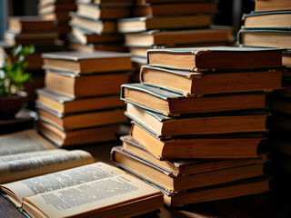 Obraz premium Cozy Scholarly Setting with Vintage Books: Warm Atmosphere, Open Book with Yellowed Pages, Neatly Arranged Hardback Stacks in Brown and Green Shades, Nostalgic Knowledge and Timeless Stories