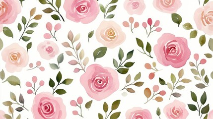 Watercolor Floral Pattern with Pink Roses and Green Leaves