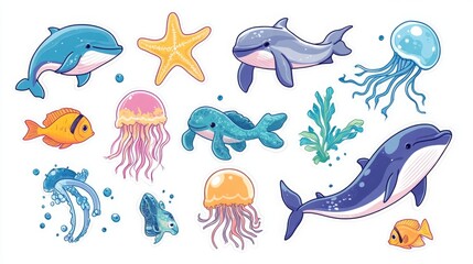 Set of Colorful Sea Animal Stickers Featuring Dolphins, Whales, Tropical Fish, Sea Turtles, Jellyfish, and Starfish, Detailed Illustrations with Clear Outlines on Plain Background