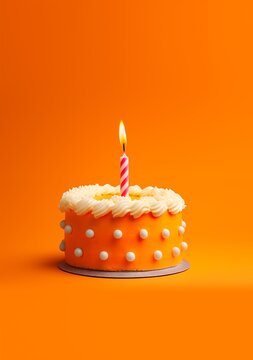 An orange first birthday cake with white icing, one candle, clean orange gradient background suitable for a vertical poster with room for text, copy space.
