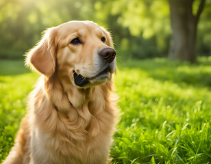 Golden Retriever Sitting Gracefully on Lush Green Lawn Surrounded by Vibrant Blurred Foliage, Glowing Silky Fur in Sunlight, Expressive Eyes Evoking Warmth and Companionship, Serene Nature Ambiance