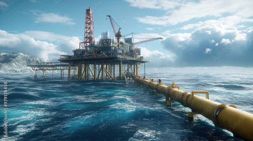 Poster a view of an offshore gas extraction facility surrounded by open sea, with pipelines extending from 