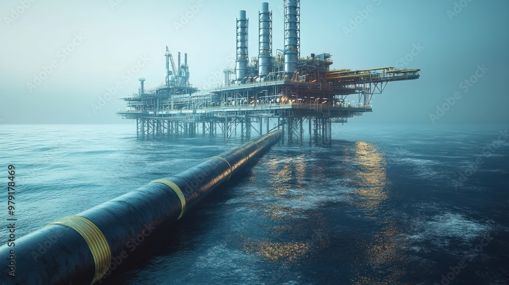 Poster a view of an offshore gas extraction facility surrounded by open sea, with pipelines extending from 