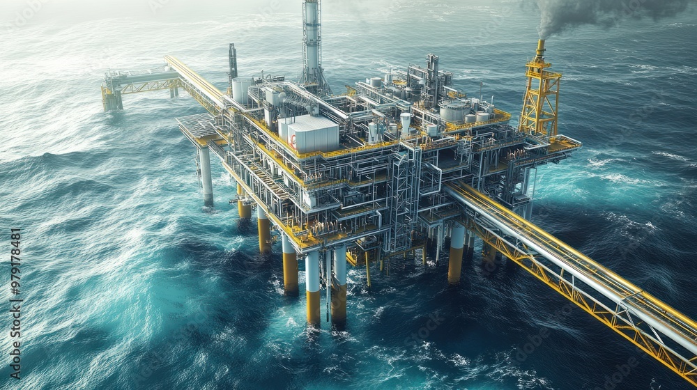 Poster a view of an offshore gas extraction facility surrounded by open sea, with pipelines extending from 