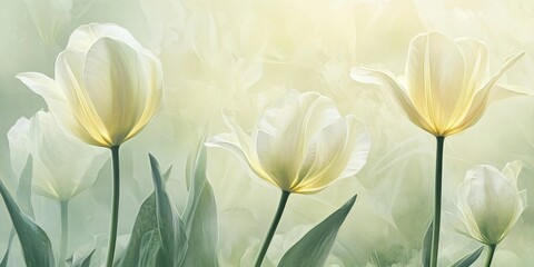Soft, white tulips with green leaves and a light yellow background.