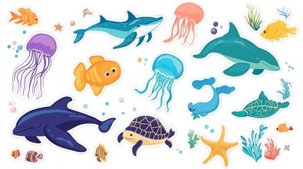 Naklejka premium Set of Colorful Sea Animal Stickers Featuring Dolphins, Whales, Tropical Fish, Sea Turtles, Jellyfish, and Starfish, Detailed Illustrations with Clear Outlines on Plain Background