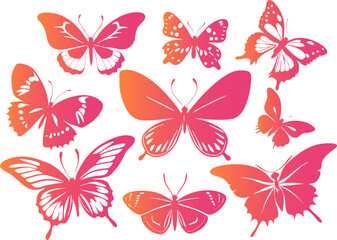 Set of butterfly silhouettes drawing on an isolated background