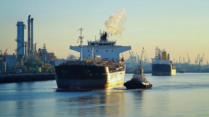 Obraz premium An LNG ship being guided into port by tugboats, ready to deliver its cargo of natural gas for local distribution