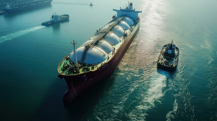 Obraz premium An LNG ship being guided into port by tugboats, ready to deliver its cargo of natural gas for local distribution