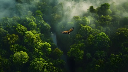 A bird's eye view of the misty forest, with an eagle soaring above it. The river flows through the valley surrounded by dense green trees