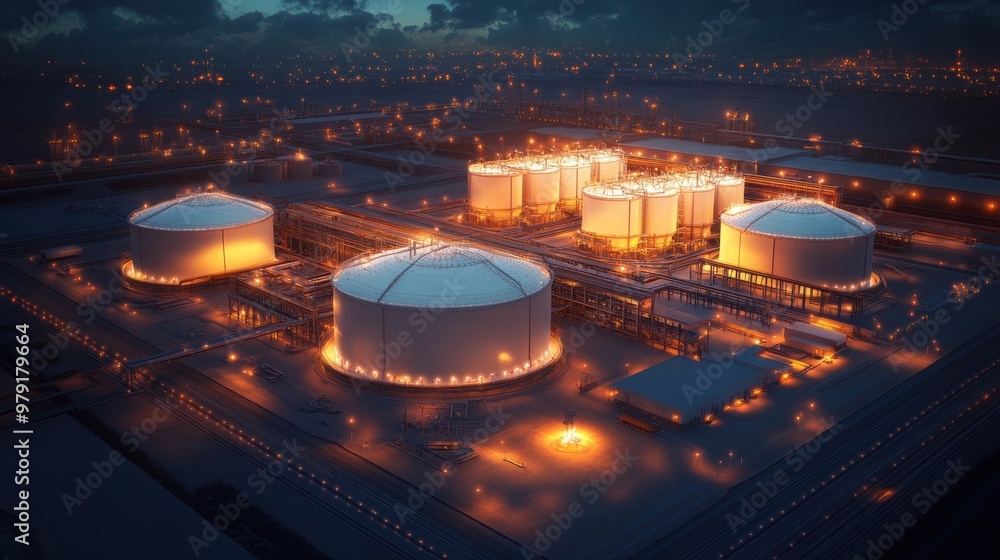 Poster an lng storage terminal with multiple tanks and a control room, managing the storage and distributio