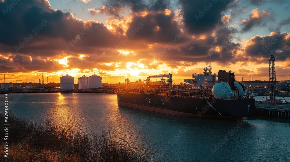 Poster an lng terminal where large ships are loaded with liquefied natural gas, with pipelines and storage 