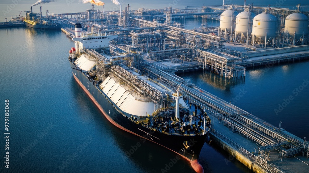 Poster an lng terminal where large ships are loaded with liquefied natural gas, with pipelines and storage 